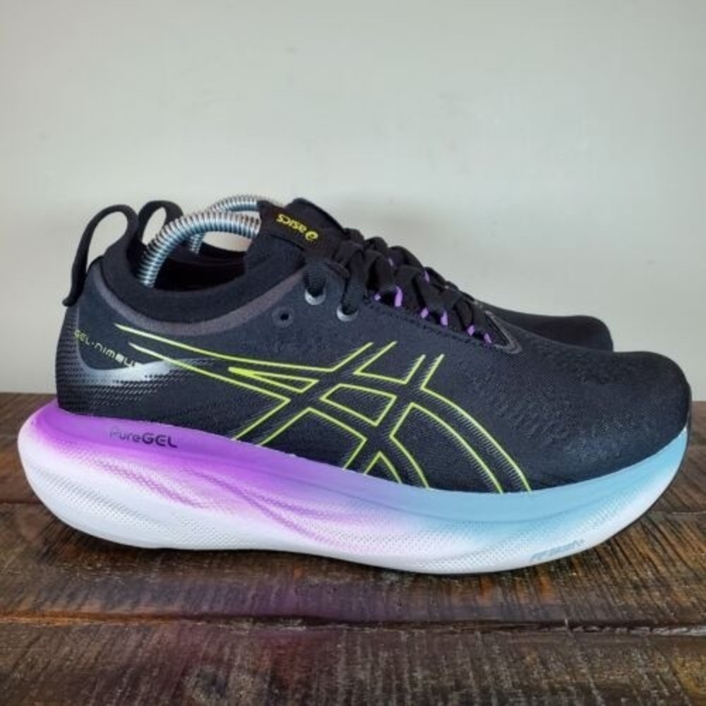 Asics Gel Nimbus 25 Running Shoes Womens 6.5 1012B356 Black Glow Yellow White